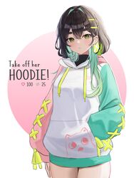  absurdres aqua_hair black_hair cowboy_shot drawstring english_text female green_eyes hair_ornament hairclip hand_in_pocket highres hood hood_down hoodie indie_virtual_youtuber long_hair long_hoodie long_sleeves looking_at_viewer meme multicolored_hair nannung puffy_long_sleeves puffy_sleeves saki.exe solo thick_eyebrows thighs twitter_strip_game_(meme) two-tone_hair two-tone_sleeves virtual_youtuber white_hoodie 