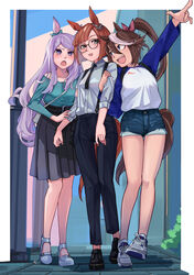  3girls absurdres animal_ears belt blue_eyes bow brown_hair casual colored_inner_hair commentary denim denim_shorts ear_bow ear_ornament fuyukayui glasses green_bow hair_between_eyes hairbow high-waist_skirt high_ponytail highres horse_ears horse_girl horse_tail ikuno_dictus_(umamusume) light_purple_hair long_hair long_sleeves mejiro_mcqueen_(umamusume) multicolored_hair multiple_girls off-shoulder_shirt off_shoulder pants pleated_skirt pointing purple_eyes round_eyewear shirt shoes short_shorts shorts skirt sneakers streaked_hair suspenders tail tokai_teio_(umamusume) umamusume white_hair 