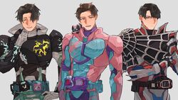  4boys animal_hood aqua_eyes armor bat_(animal) bat_genome bbbb_fex black_armor blue_eyes bug chibi chibi_inset demon_boy demons_driver determined dinosaur grin highres hood igarashi_daiji igarashi_ikki kadota_hiromi kagero_(kamen_rider_revice) kamen_rider kamen_rider_demons kamen_rider_evil kamen_rider_revi kamen_rider_revice kamen_rider_vice looking_at_viewer male_focus mask multiple_boys no_headwear pink_armor pink_eyes possessed revice_driver rex_genome rider_belt scarf serious smile spider spider_genome two_sidriver tyrannosaurus_rex unworn_mask 