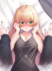  2girls absurdres alternate_costume black_nails black_shirt blonde_hair breasts cleavage female_pov green_eyes highres hiodoshi_ao hololive hololive_dev_is jewelry large_breasts long_hair looking_at_viewer momosuzu_nene multiple_girls nail_polish necklace open_mouth pov ring shirt suicabar72 virtual_youtuber yuri 