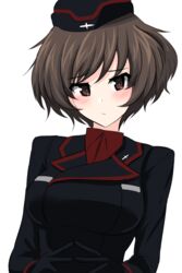  absurdres aikir_(jml5160) akiyama_yukari alternate_costume black_hat black_jacket blush brown_eyes brown_hair closed_mouth commentary dress_shirt female frown garrison_cap girls_und_panzer hat highres jacket kuromorimine_military_uniform long_sleeves looking_at_viewer messy_hair military military_hat military_uniform red_shirt shirt short_hair simple_background solo uniform upper_body white_background wing_collar 