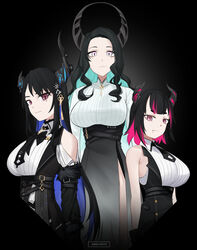  3girls ameiarts aqua_hair aradia_ravencroft asymmetrical_horns black_bow black_bowtie black_hair black_jacket black_skirt blue_hair bow bowtie breasts clothing_cutout collared_shirt colored_inner_hair demon_horns dress_shirt feather-trimmed_jacket feather-trimmed_sleeves flower_knot forehead framed_breasts grey_eyes hair_ornament highres hololive hololive_english horns jacket large_breasts long_hair long_sleeves looking_at_viewer malpha_ravencroft medium_hair mole mole_under_eye mole_under_mouth multicolored_hair multiple_girls multiple_moles nerissa_ravencroft nerissa_ravencroft_(1st_costume) pencil_skirt pink_eyes pink_hair red_eyes ribbed_shirt shirt shoulder_cutout siblings side_slit sisters skirt slit_pupils straight_hair tassel tassel_hair_ornament underbust uneven_horns very_long_hair virtual_youtuber waistcoat wavy_hair white_shirt 