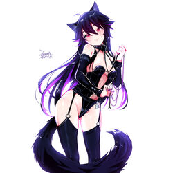  ahoge animal_ear_fluff animal_ears black_hair blush breasts closed_mouth collar dated ejami ekko_(ejami) female fox_ears fox_girl fox_tail leash lock long_hair looking_at_viewer original padlock purple_collar red_eyes signature simple_background smile solo tail white_background 