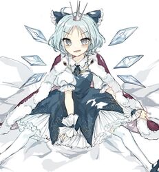  adapted_costume blue_bow blue_dress blue_eyes blue_hair blue_ribbon blush bow cape cirno commentary_request crown detached_wings dress female frills fur-trimmed_cape fur_trim hair_ornament ice ice_wings mary_janes mini_crown neck_ribbon open_mouth ribbon shirt shoes short_hair short_sleeves sitting smile solo sorani_(kaeru0768) thighhighs touhou white_background white_shirt white_thighhighs wings wrist_cuffs 