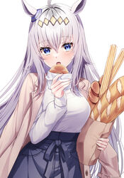  ahoge animal_ears anpan bag baguette black_skirt blue_eyes blush bread breasts brown_coat casual churro coat coat_on_shoulders cowboy_shot eating female food food_wrapper grey_hair grocery_bag high-waist_skirt highres holding holding_bag holding_food horse_ears horse_girl long_hair looking_at_viewer medium_breasts oguri_cap_(umamusume) open_clothes open_coat open_mouth primamiya shirt shopping_bag simple_background skirt solo umamusume very_long_hair white_background white_shirt 