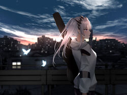  blue_sky breasts bridge bug building butterfly cloud coat dusk elf female from_side guitar hair_ornament hairclip holding holding_instrument honey_strap hood hooded_jacket hoodie instrument jacket long_hair looking_to_the_side nanashi_inc. outdoors pointy_ears purple_eyes river sky solo sougetsu_eli twintails virtual_youtuber white_hair yuyu_(yuyuworks) 