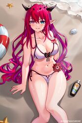  beach bikini black_ribbon blue_eyes breasts clam cleavage collarbone demon_horns double_halo female flower hair_between_eyes halo hand_on_ground heterochromia highres hololive hololive_english horns irys_(hololive) knees lifebuoy long_hair looking_at_viewer lotion medium_breasts multicolored_hair nail_polish navel parted_lips pink_nails pointy_ears purple_eyes red_flower red_hair ribbon sand seraphim_throne side-tie_bikini_bottom solo star_halo starfish streaked_hair sunscreen swept_bangs swim_ring swimsuit thighs very_long_hair virtual_youtuber water wet white_bikini 