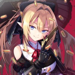  bad_id bad_pixiv_id black_gloves blonde_hair blue_eyes blurry bow breasts bullet clothing_cutout depth_of_field female gauntlets gloves gun hair_between_eyes hair_intakes hairbow handgun highres holding ichiren_namiro large_breasts long_hair looking_at_viewer mist_train_girls neck_ribbon pointy_ears ponytail ribbon shoulder_cutout sidelocks smile solo trigger_discipline umbrella umbrella_gun upper_body victoria_(mist_train_girls) weapon wing_collar 