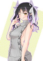  :q aran_sweater backless_dress backless_outfit black_hair blush breasts cable_knit closed_mouth commentary_request cowboy_shot demon_girl demon_horns dress female grey_sweater hair_ribbon halterneck highres horns kojo_anna kojo_anna_(3rd_costume) long_hair looking_at_viewer medium_breasts meme_attire multicolored_hair nanashi_inc. official_alternate_costume one_eye_closed pointy_ears polka_dot polka_dot_background purple_hair purple_outline ribbed_sweater ribbon robou_no_stone sideboob smile solo sugar_lyric sweater sweater_dress tongue tongue_out transparent_ribbon turtleneck turtleneck_sweater two-tone_hair two_side_up v virgin_killer_sweater virtual_youtuber white_background white_ribbon yellow_eyes 