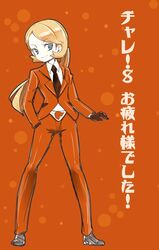  black_gloves blonde_hair blue_eyes chorimokki closed_mouth female formal gloves long_hair looking_at_viewer necktie pokemon pokemon_xy serena_(pokemon) simple_background solo suit team_flare team_flare_uniform translated 