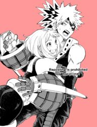  1boy ass bakugou_katsuki boku_no_hero_academia eye_mask female foreground_text gloves greyscale_with_colored_background grin hug kaki_piyo monochrome open_mouth pink_background smile standing straight sweatdrop uraraka_ochako 