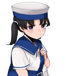  bag black_hair blue_sailor_collar character_name collar dated dress female hat kantai_collection looking_at_viewer nanari_(nanari_nannari) purple_eyes sailor_collar sailor_dress sailor_hat short_hair short_sleeves shounan_(kancolle) solo twintails twitter_username upper_body white_dress white_hat 