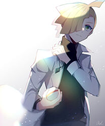  1boy black_shirt blonde_hair blurry closed_mouth gladion_(pokemon) green_eyes hair_over_one_eye hand_up highres holding holding_poke_ball jewelry lab_coat long_sleeves male_focus necklace poke_ball pokemon pokemon_sm premier_ball shirt short_hair signature solo tere_asahi turtleneck 