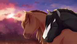  2021 ambiguous_gender black_body black_fur black_hair black_mane blaze_(marking) brown_body brown_fur brown_hair brown_mane closed_eyes cloud clyde_(wasen) cuddling digital_media_(artwork) duo equid equine eyebrows eyelashes facial_markings feral fur grass hair happy head_markings horse inner_ear_fluff kamilazu mammal mane markings outside pearl_(wasen) plant sky smile sun sunset tuft 