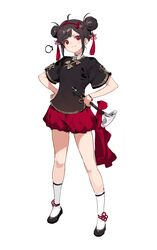  absurdres ahoge black_footwear black_hair black_shirt closed_mouth commentary double_bun female full_body hair_bun hands_on_own_hips head_tilt highres holding holding_instrument instrument original puffy_shorts red_eyes red_shorts shirt shisantian shoes short_shorts short_sleeves shorts sidelocks simple_background smile socks solo standing suona symbol-only_commentary v-shaped_eyebrows white_background white_socks 