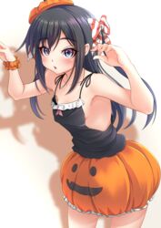  absurdres asashio_(kancolle) black_camisole black_hair blue_eyes bow breasts camisole commentary_request cosplay cowboy_shot female halloween_costume highres jack-o&#039;-lantern kantai_collection libeccio_(kancolle) libeccio_(kancolle)_(cosplay) long_hair makura_(y_makura) orange_headwear orange_scrunchie orange_skirt scrunchie sideboob skirt small_breasts solo striped striped_bow wrist_scrunchie 