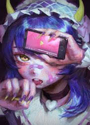  absurdres bandaid blue_hair blush choker covering_one_eye female fingernails hands_up hatena_(nazequestion) heart heart_choker highres horns long_hair long_sleeves open_mouth original phone portrait sharp_fingernails solo yellow_eyes 