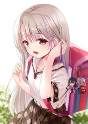  :d backpack bag bag_charm blush breasts character_charm character_doll charm_(object) chloe_von_einzbern collarbone collared_shirt commentary cowboy_shot fate/kaleid_liner_prisma_illya fate_(series) female highres homurahara_academy_school_uniform illyasviel_von_einzbern jewelry long_hair long_sleeves looking_at_viewer miyu_edelfelt open_mouth plaid plaid_skirt pleated_skirt randoseru red_eyes red_ribbon revision ribbon school_uniform shirt skirt small_breasts smile solo striped tucking_hair white_hair white_shirt yan_(nicknikg) 