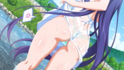  anger_vein aqua_panties ass blue_hair day dimples_of_venus dress dutch_angle female game_cg head_out_of_frame highres long_hair non-web_source panties sakura_succubus see-through solo spoken_anger_vein standing underwear very_long_hair wading wanaca wet wet_clothes wet_dress white_dress yue_(sakura_succubus) 