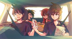  4boys blue_oak bottle brown_hair car_interior collared_shirt commentary_request driving ethan_(pokemon) hair_between_eyes holding holding_bottle itome_(funori1) long_hair looking_at_another male_focus multiple_boys open_mouth pokemon pokemon_adventures red_(pokemon) red_hair seatbelt shirt short_hair short_sleeves silver_(pokemon) sitting smile spiked_hair t-shirt water_bottle window 