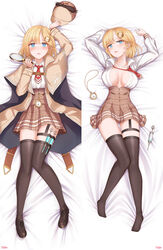  :d :o arm_up arms_up ass_visible_through_thighs bangs bed bed_sheet black_legwear blonde_hair blue_eyes blush breasts breasts_apart brown_coat brown_footwear brown_headwear brown_skirt coat collar collarbone collared_shirt dakimakura_(medium) female from_above full_body hair_ornament highres hololive hololive_english holster large_breasts long_sleeves looking_at_viewer loose_necktie magnifying_glass mary_janes medium_hair monocle monocle_hair_ornament mustache_print necktie no_bra on_bed open_mouth plaid plaid_headwear plaid_skirt pocket_watch red_neckwear shirt shirt_tucked_in shoes skirt smile syringe tfqr thigh_holster thigh_strap thighhighs unbuttoned unbuttoned_shirt virtual_youtuber watch watson_amelia white_collar 