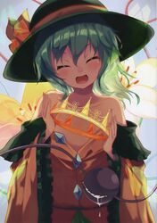  ^_^ ^o^ absurdres bare_shoulders black_hat blush bow bowler_hat buttons closed_eyes collarbone crown female flat_chest flower frilled_sleeves frills green_hair happy hat hat_bow head_tilt highres holding igayan jacket komeiji_koishi long_sleeves open_clothes open_jacket scan short_hair solo string teardrop tears third_eye touhou wide_sleeves yellow_bow yellow_flower yellow_jacket 