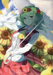  absurdres ascot blue_sky blurry blurry_background blush breasts cloud collared_shirt cowboy_shot day female flower flower_wreath garden_of_the_sun green_hair hair_between_eyes hand_in_own_hair head_wreath highres holding holding_umbrella igayan kazami_yuuka light long_sleeves looking_at_viewer medium_breasts open_clothes open_vest parasol petals plaid plaid_skirt plaid_vest red_eyes red_skirt red_vest scan shirt short_hair skirt skirt_set sky slit_pupils smile solo sunflower touhou umbrella vest wind wreath 