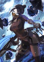  airship_assassin_wraith animification apex_legends black_gloves blue_eyes bodysuit breasts brown_bodysuit cable cloud electricity female gloves gun hair_behind_ear hair_bun head_tilt highres holding holding_gun holding_weapon hope&#039;s_dusk_(apex_legends) kunai looking_at_viewer medium_breasts official_alternate_costume portal_(object) r-99_smg single_hair_bun sky solo submachine_gun v v-shaped_eyebrows water weapon wraith_(apex_legends) yanoyoru 