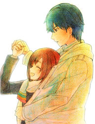  1boy blue_hair bob_cut brown_hair couple female from_side hand_up height_difference holding_hands hug hug_from_behind laughing long_sleeves looking_at_another looking_away looking_down nishii_(pixiv4603624) outstretched_arm profile protagonist_(tokimemo_gs2) scarf shared_clothes shared_coat shiba_katsumi short_hair simple_background straight sweater tokimeki_memorial tokimeki_memorial_girl&#039;s_side_2nd_kiss upper_body white_background 