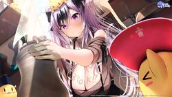  animal_on_head azur_lane bird bird_on_head black_bow black_hair blush bow breasts brown_sweater clay cleavage closed_mouth commentary curtains elbe_(azur_lane) elbe_(pure-hearted_bad_girl)_(azur_lane) english_commentary female grey_hair hair_between_eyes hairbow highres large_breasts logo long_hair manjuu_(azur_lane) milestone_celebration multicolored_hair nidaime_(doronbo) off-shoulder_sweater off_shoulder official_alternate_costume official_art on_head pottery purple_eyes second-party_source sidelocks solo sunlight sweatdrop sweater twintails two-tone_hair upper_body watermark window 