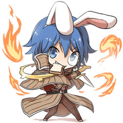  1boy animal_ears black-framed_eyewear blue_eyes blue_hair bread bread_slice brown_cape brown_capelet brown_footwear brown_gloves brown_pants cape capelet chibi commentary_request dagger fake_animal_ears fire food food_in_mouth full_body gloves holding holding_dagger holding_knife holding_weapon knife long_sleeves looking_at_viewer magic male_focus monocle mouth_hold natsuya_(kuttuki) open_mouth pants rabbit_ears ragnarok_online red_shirt sage_(ragnarok_online) shirt shoes short_hair simple_background solo striped striped_cape striped_capelet toast toast_in_mouth vertical-striped_cape vertical-striped_capelet vertical_stripes waist_cape weapon white_background 