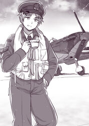  1boy aircraft axis_powers_hetalia commentary_request cup greyscale hand_on_own_hip hat himaruya_hidekazu_(style) holding holding_cup jacket kuro_(parade) long_sleeves male_focus military military_uniform monochrome open_mouth outdoors pants solo supermarine_spitfire teacup thick_eyebrows uniform united_kingdom_(hetalia) vest 