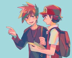  2boys backpack bag baseball_cap blue_background blue_oak brown_bag brown_hair commentary_request hand_up hat holding itome_(funori1) jacket jewelry long_sleeves male_focus multiple_boys necklace open_mouth pointing pokemon pokemon_rgby red_(pokemon) shirt short_hair short_sleeves simple_background smile spiked_hair teeth tongue upper_body upper_teeth_only 