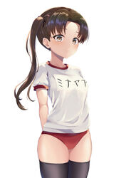  alternate_costume arms_behind_back ayanami_(kancolle) black_thighhighs brown_hair buruma female forehead gym_shirt gym_uniform highres kantai_collection long_hair looking_at_viewer name_tag ochikata_kage red_buruma shirt short_sleeves side_ponytail simple_background smile solo thighhighs white_background white_shirt 