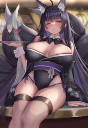  alternate_costume animal_ear_fluff animal_ears azur_lane bare_shoulders black_bow black_bowtie black_hair black_leotard black_thighhighs bow bowtie breasts cleavage commentary_request commission detached_collar drink facial_mark female fishnet_thighhighs fishnets floral_print fox_ears fox_girl fox_tail highleg highleg_leotard highres large_breasts leotard long_hair long_sleeves looking_at_viewer multiple_tails musashi_(azur_lane) nail_polish off_shoulder one_eye_closed parted_lips purple_nails satou_aji skeb_commission skindentation smile solo tail thighhighs thighs tray wide_sleeves wrist_cuffs yellow_eyes 