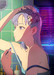  adjusting_hair bare_shoulders blue_tank_top breasts cable cyborg female from_side highres holding holding_cable long_hair mebae mechanical_parts nail_polish no_bra off_shoulder original purple_eyes purple_hair small_breasts solo tank_top tile_wall tiles upper_body window 