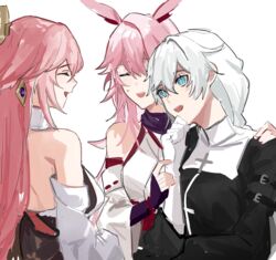  +_+ 3girls 3o_c :d animal_ears bare_shoulders blue_eyes braid braided_ponytail closed_mouth company_connection crossover earrings fox_ears genshin_impact gloves hand_on_own_chin highres honkai_(series) honkai_impact_3rd japanese_clothes jewelry kallen_kaslana long_hair long_sleeves looking_at_another mihoyo multiple_girls nun open_mouth pink_hair simple_background smile trait_connection white_background white_gloves white_hair white_sleeves yae_miko yae_sakura yae_sakura_(gyakushinn_miko) 