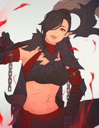  axe black_hair breasts elbow_gloves elezen elf female final_fantasy final_fantasy_xiv gloves hair_over_one_eye highres hilda_ware hyur koyorin lips long_hair looking_at_viewer medium_breasts midriff navel over_shoulder pointy_ears ponytail red_eyes scar scar_on_face solo warrior_(final_fantasy) weapon weapon_over_shoulder 