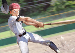  1boy baseball_bat baseball_cap baseball_uniform beitemian black_legwear dirt hat highres holding holding_baseball_bat itadori_yuuji jujutsu_kaisen male_focus morning muscular muscular_male outdoors red_hair sanpaku short_hair sportswear teenage yellow_eyes 