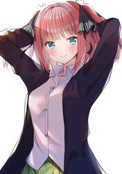  absurdres arms_behind_head black_cardigan black_ribbon blue_eyes blunt_bangs blush breasts butterfly_hair_ornament cardigan female go-toubun_no_hanayome green_skirt hair_ornament hand_in_own_hair hands_in_hair highres large_breasts looking_at_viewer nakano_nino open_cardigan open_clothes pink_hair pleated_skirt raised_eyebrows rei_(ilust9999) ribbon school_uniform shirt short_hair simple_background skirt smile two_side_up white_background white_shirt 