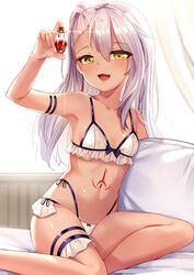  arm_up armpits bare_shoulders blush bottle bra breasts brown_eyes chloe_von_einzbern curtains dark-skinned_female dark_skin duplicate fate/kaleid_liner_prisma_illya fate_(series) female frilled_bra frilled_panties frills grey_hair hair_between_eyes hand_up highres holding lingerie long_hair looking_at_viewer navel on_bed one_side_up open_mouth panties pillow pixel-perfect_duplicate revision sitting small_breasts smile solo stomach_tattoo tattoo thighs underwear very_long_hair white_bra white_panties yan_(nicknikg) yellow_eyes 