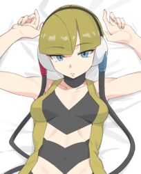  aqua_eyes arms_up bare_arms bed_sheet blonde_hair blunt_bangs breasts cable choker collarbone commentary_request covered_navel elesa_(pokemon) female grey_nails headphones looking_at_viewer lying makino_harumaki medium_breasts nail_polish on_back parted_lips pokemon pokemon_bw solo upper_body 