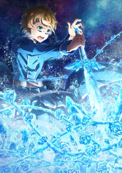  1boy absurdres belt blonde_hair blue_flower blue_jacket blue_pants blue_rose blue_rose_sword cryokinesis crystal eugeo flower glowing glowing_sword glowing_weapon green_eyes highres holding holding_sword holding_weapon ice ice_crystal jacket long_sleeves male_focus oboro_neko open_mouth pants rose school_uniform short_hair sky solo star_(sky) starry_sky sword sword_art_online sword_art_online:_alicization sword_mastery_academy_school_uniform weapon 