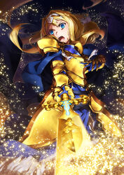  absurdres alice_zuberg armor armored_dress blonde_hair blue_cape blue_dress blue_eyes breastplate cape dress energy faulds female floating_hair from_below gauntlets glowing glowing_sword glowing_weapon gold_armor hair_between_eyes hair_intakes hairband highres holding holding_sword holding_weapon knight long_hair looking_at_viewer magic oboro_neko open_mouth osmanthus_blade shoulder_armor solo standing sword sword_art_online sword_art_online:_alicization tongue very_long_hair weapon white_hairband 