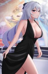  absurdres aircell alternate_costume armpits bare_arms bare_shoulders black_eyes bow breasts bronya_zaychik bronya_zaychik_(silverwing:_n-ex) cleavage cocktail_dress cowboy_shot dress female grey_hair hairbow halter_dress halterneck highres honkai_(series) honkai_impact_3rd large_breasts long_hair looking_at_viewer no_bra side_slit sleeveless sleeveless_dress smile solo thighs very_long_hair 