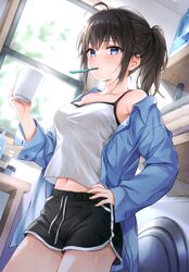  absurdres ahoge armpit_crease bare_shoulders black_hair black_shorts blue_eyes blue_shirt blush breasts camisole collarbone contrapposto cowboy_shot crop_top crop_top_overhang cup dolphin_shorts drawstring dress_shirt female hand_on_own_hip higeneko highres holding indoors long_hair long_sleeves looking_at_viewer medium_breasts midriff mouth_hold mug navel off_shoulder open_clothes open_shirt original ponytail see-through_silhouette shirt short_shorts shorts sidelocks sleeveless sleeveless_shirt solo spaghetti_strap standing thighs toothbrush toothbrush_in_mouth undershirt white_shirt 