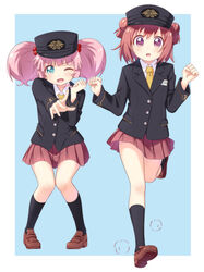  2girls :d ;d ^^^ akaza_akari alternate_costume black_headwear black_jacket black_socks blazer blue_background blue_eyes blush border brown_footwear clenched_hand clenched_hands clothes_writing collared_shirt commentary_request company_name double_bun full_body hair_bobbles hair_bun hair_ornament hand_up hands_up hat highres index_finger_raised jacket kneehighs knees_together_feet_apart leg_up long_sleeves looking_at_viewer multiple_girls necktie one_eye_closed open_mouth outside_border peaked_cap pigeon-toed pink_hair pleated_skirt pointing pointing_at_viewer pontasu purple_eyes red_hair red_skirt shirt shoes short_hair simple_background skirt smile socks standing standing_on_one_leg train_attendant travel_attendant white_border white_shirt yellow_necktie yoshikawa_chinatsu yuru_yuri 