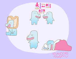  ambiguous_gender anthro bald bed_sheet bedding blue_body blue_face bread dreamer food komodorosan korean_text lips pillow scalie simple_eyes sleeping solo text translated 