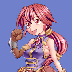  asymmetrical_gloves breasts brown_gloves clenched_hand commentary_request dark_chronicle elbow_gloves female funnyari gloves long_hair monica_(dark_chronicle) open_mouth ponytail red_eyes red_hair simple_background single_elbow_glove smile solo very_long_hair 