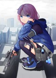  arknights blue_eyes blue_footwear blue_jacket blue_poison_(arknights) blue_poison_(elite_ii)_(arknights) building commentary female from_side gun hand_up handgun highres holding holding_gun holding_weapon hood hood_down horizontal_pupils jacket junshiki long_sleeves looking_at_viewer outdoors pink_hair pouch shoes short_hair solo squatting weapon 